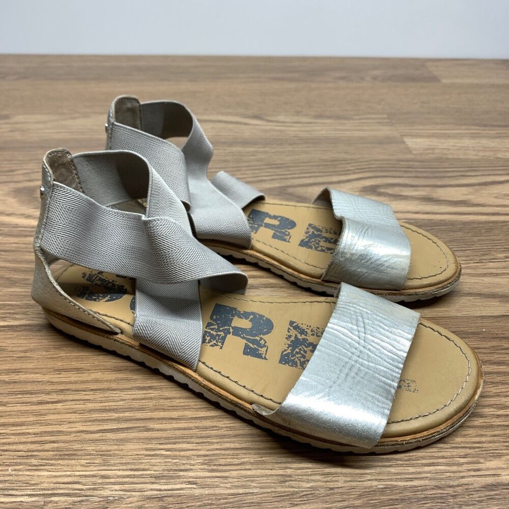 Sorel Ella II Womens Size 6 Metallic Silver Leather Sandals Flats Shoes